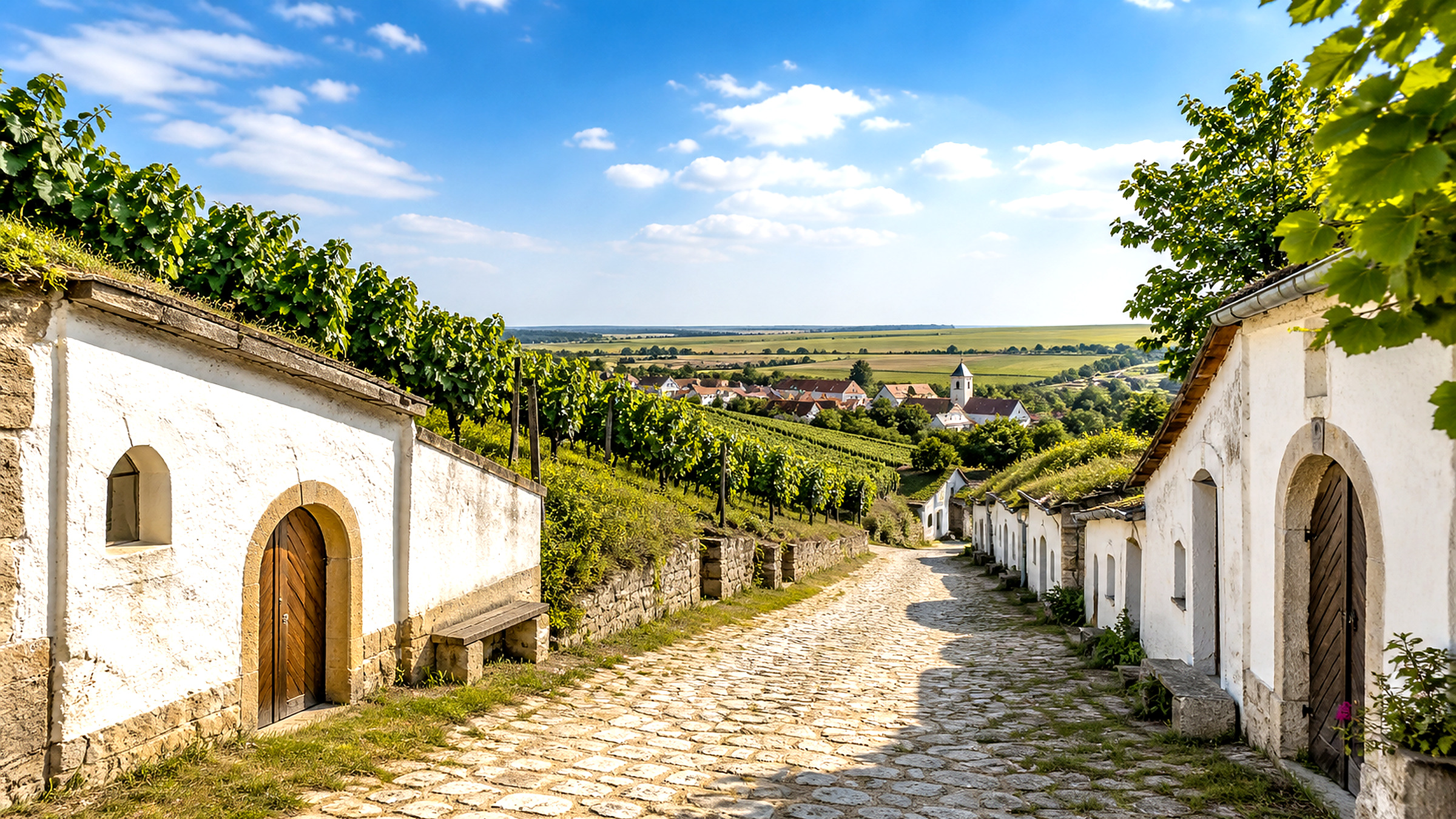 Weinviertler Kulturlandschaft mit Dorf, Weingärten und sanften Feldern